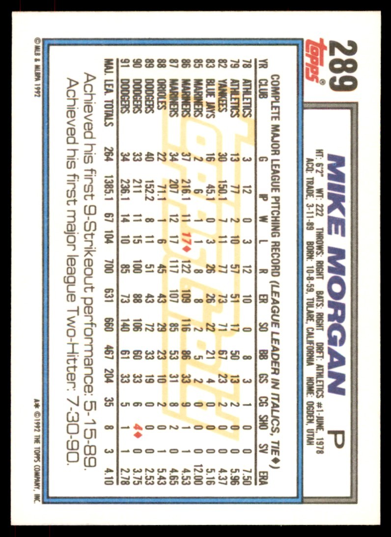 1992 Topps Gold Winners Mike Morgan . Los Angeles Dodgers #289