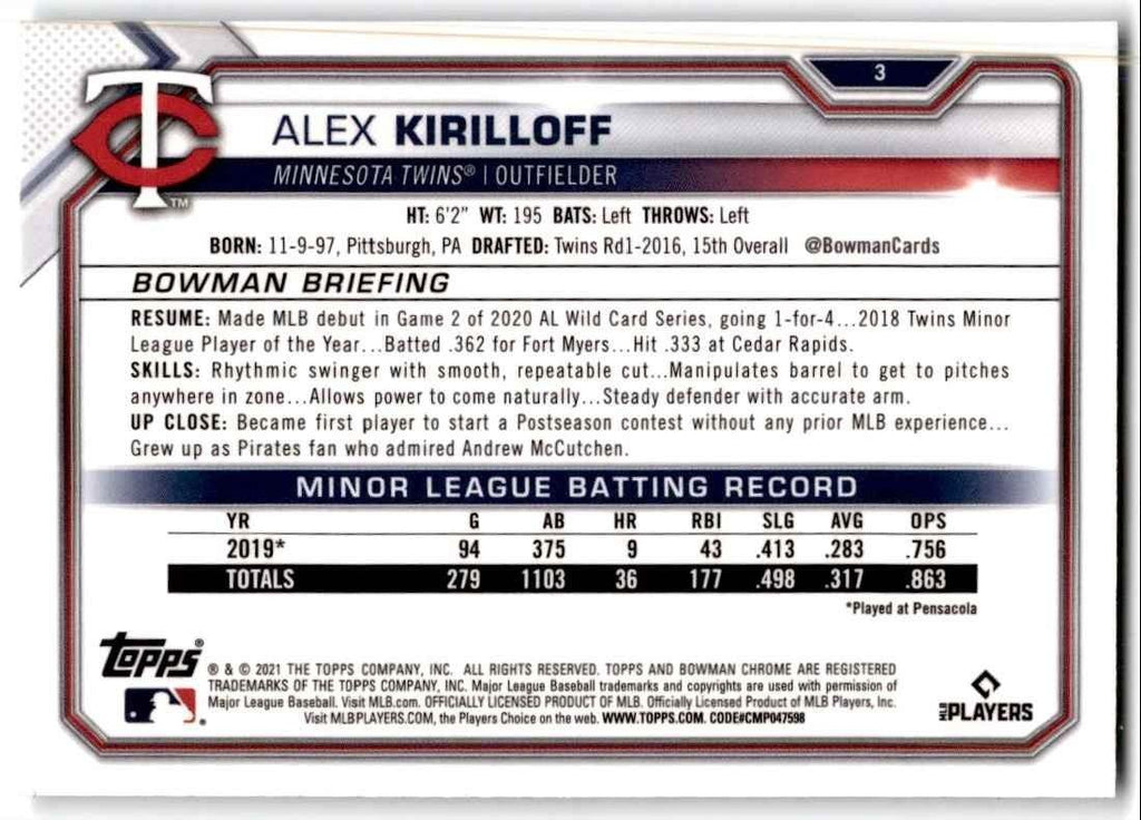 2021 Bowman Chrome Alex Kirilloff Rookie Baseball Cards #3