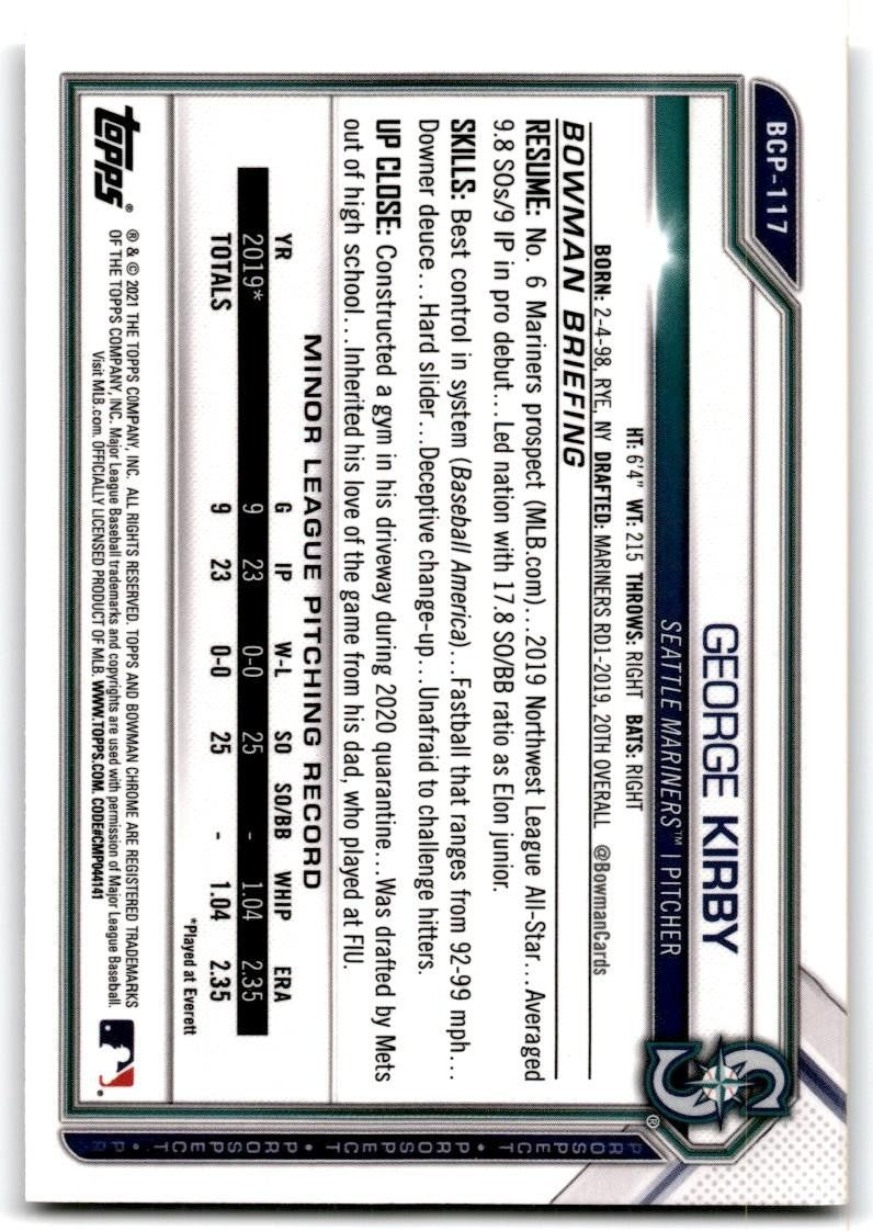 2021 Bowman Chrome George Kirby Baseball Cards #BCP-117