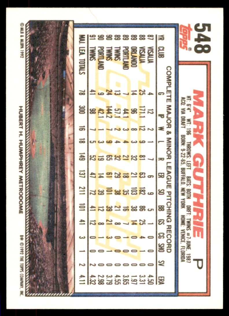 1992 Topps Gold Winners Mark Guthrie . Minnesota Twins #548