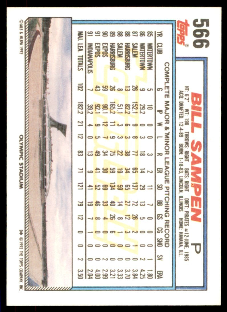 1992 Topps Gold Winners. Bill Sampen . Montreal Expos #566