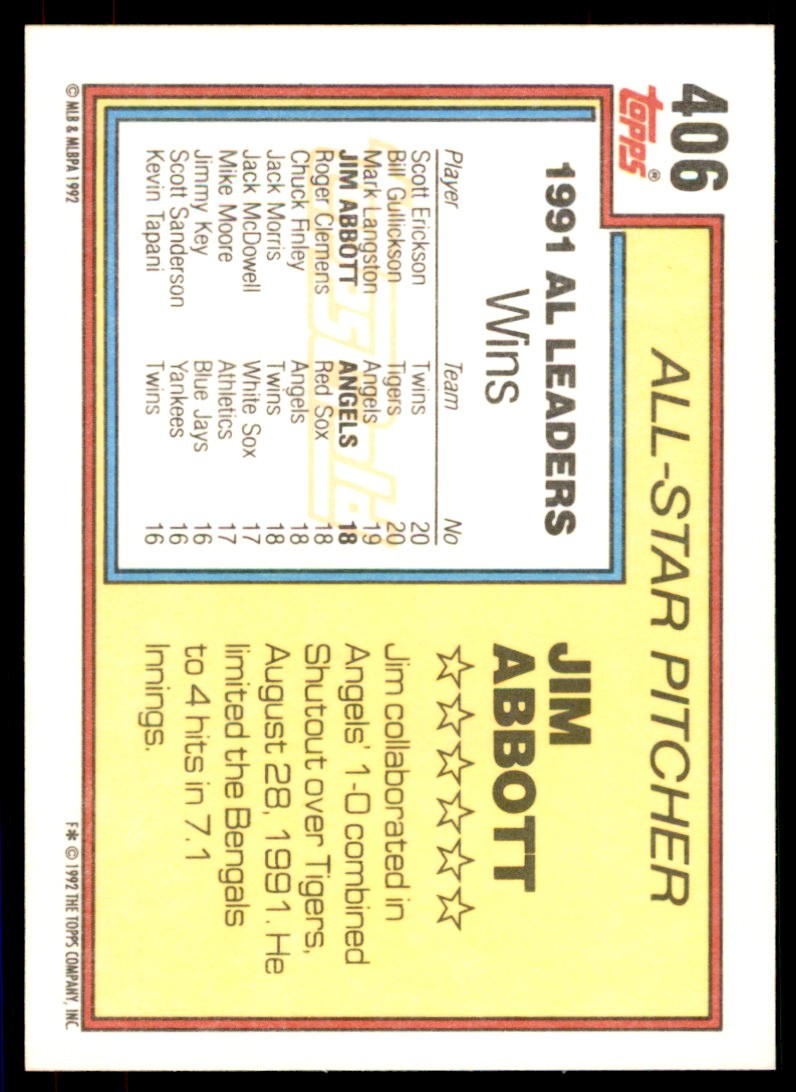 1992 Topps Gold Winners Jim Abbott . California Angels #406