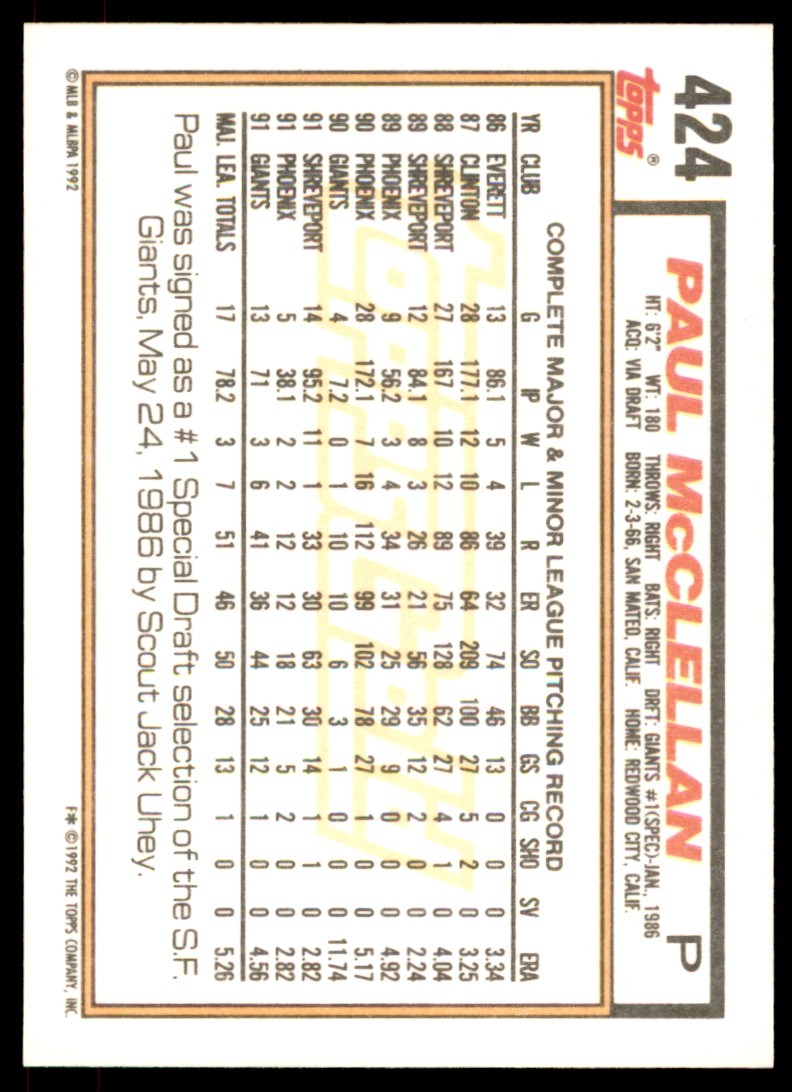1992 Topps Gold Winners Paul McClellan . San Francisco Giants #424