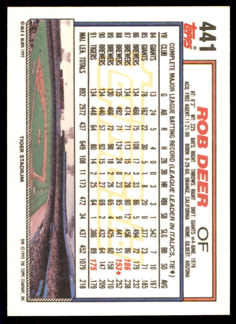 1992 Topps Gold Winners Rob Deer . Detroit Tigers #441