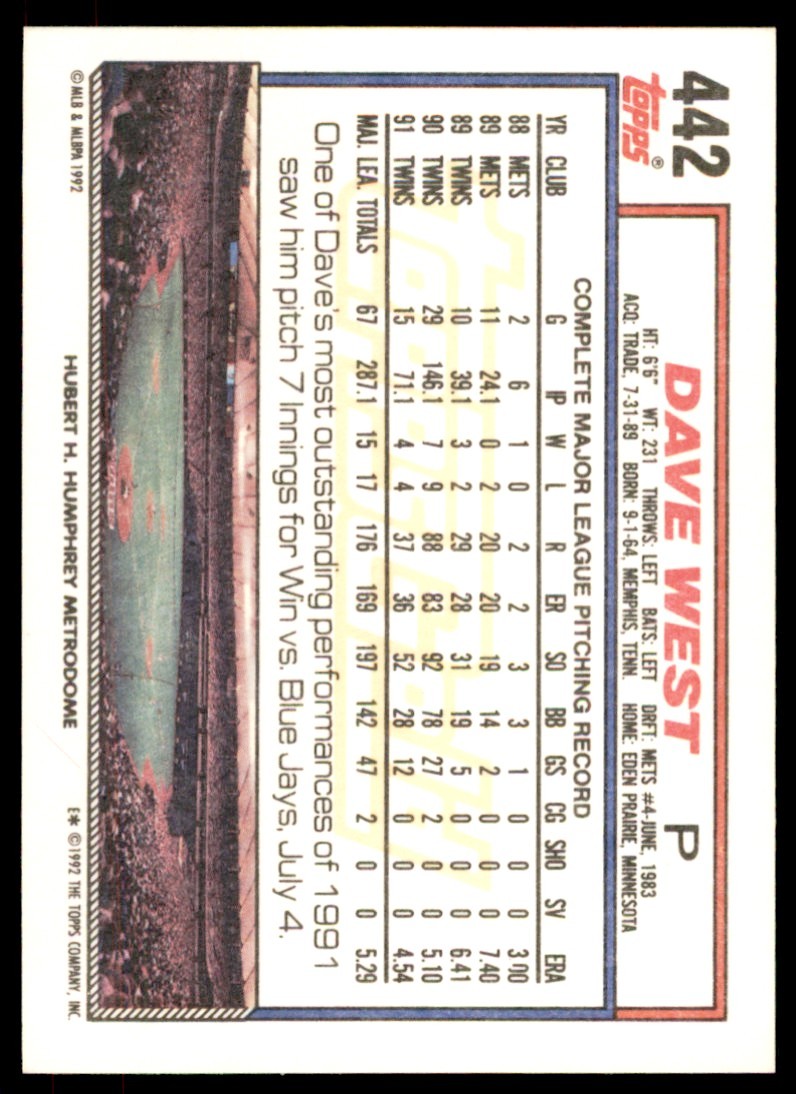1992 Topps Gold Winners Dave West . Minnesota Twins #442