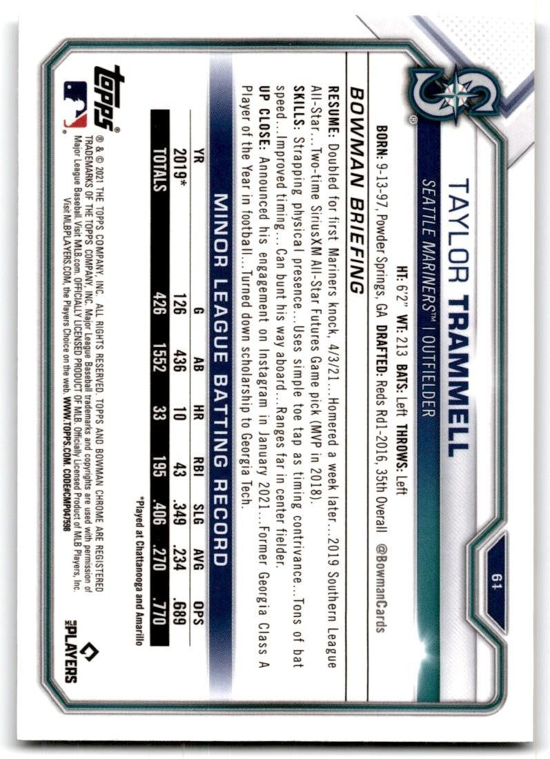 2021 Bowman Chrome Taylor Trammell Rookie Baseball Cards #61