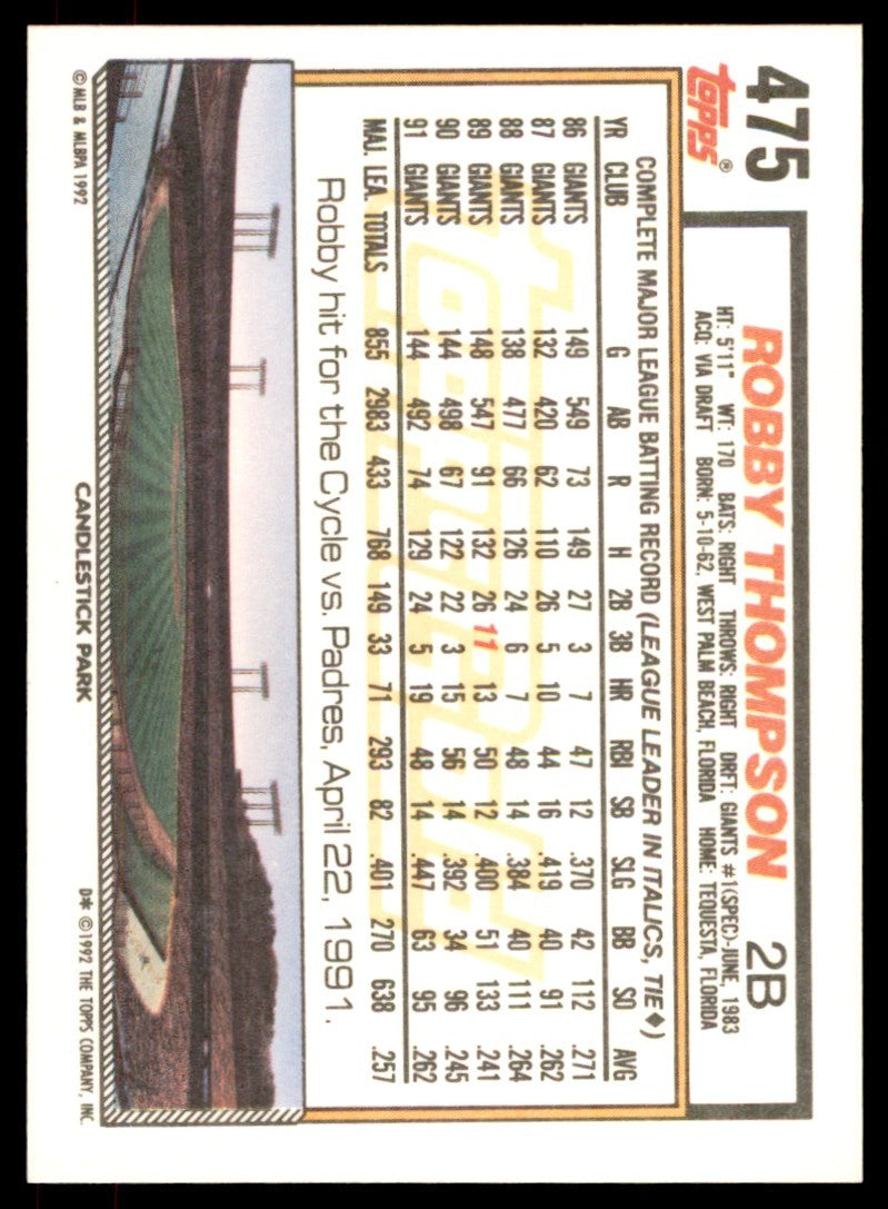 1992 Topps.Gold Winners Robby Thompson . San Francisco Giants #475