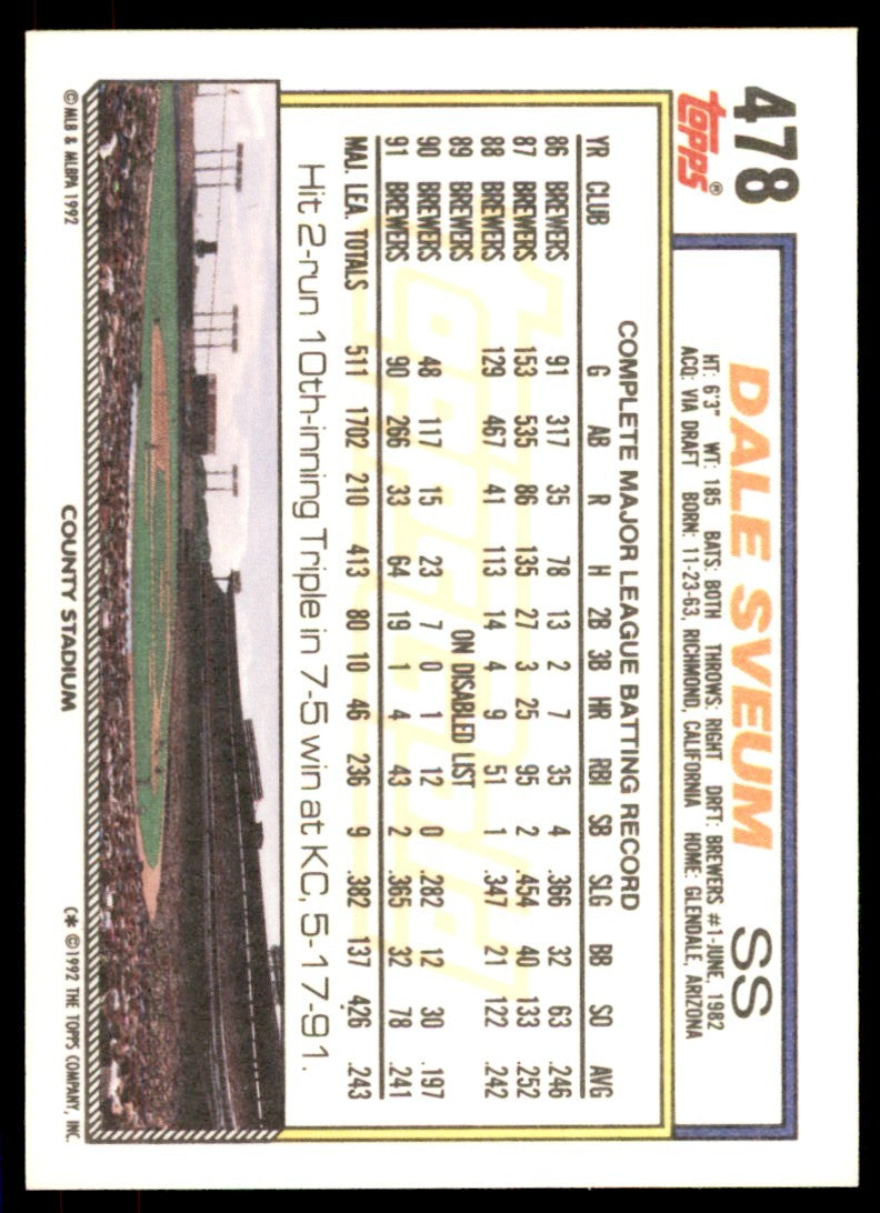 1992 Topps Gold Winners. Dale Sveum . Milwaukee Brewers #478