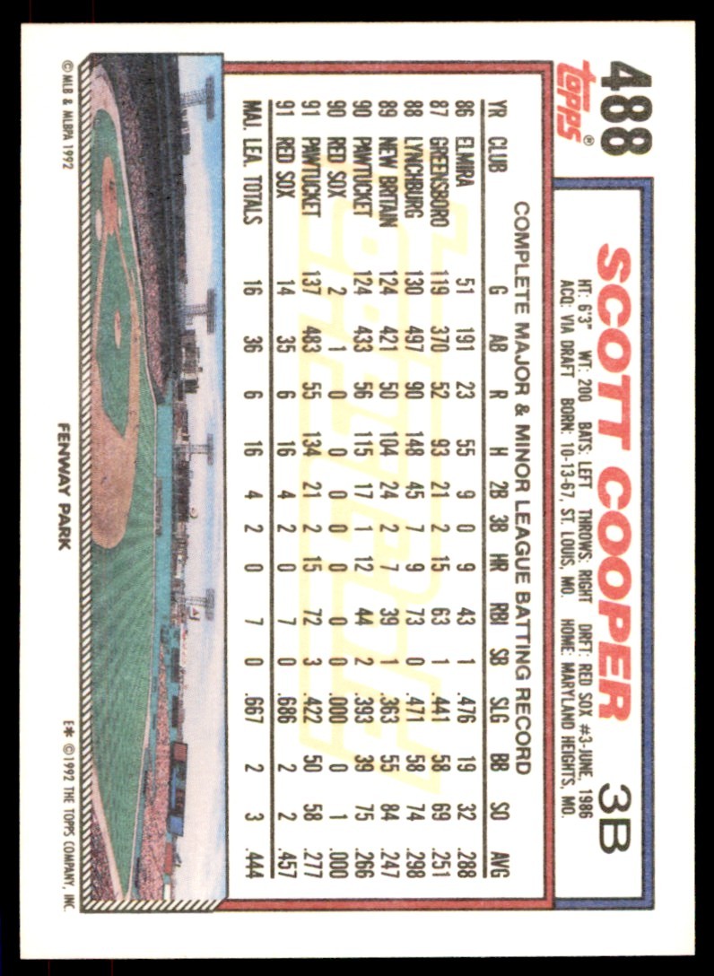 1992 Topps Gold Winners. Scott Cooper . Boston Red Sox #488