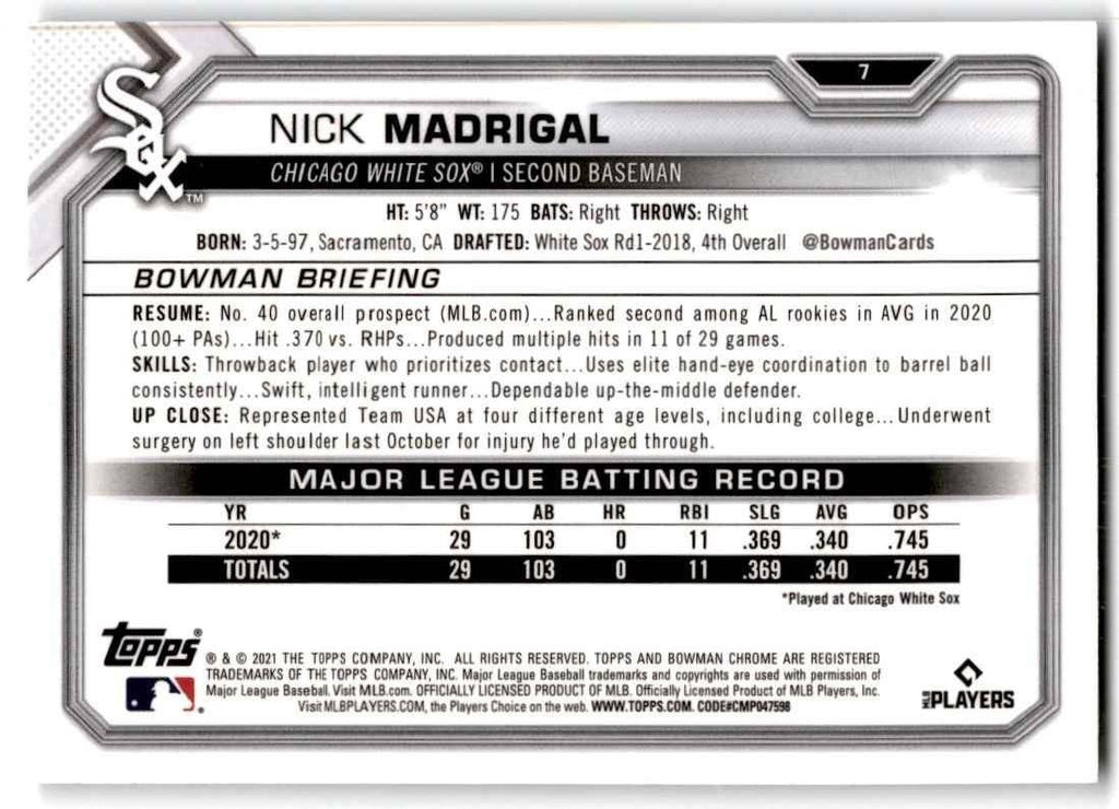 2021 Bowman Chrome Nick Madrigal Rookie Baseball Cards #7