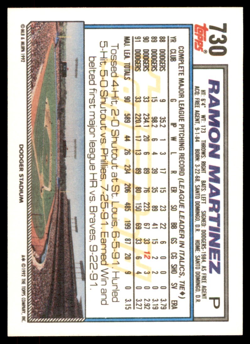1992 Topps Gold Winners Ramon Martinez . Los Angeles Dodgers #730
