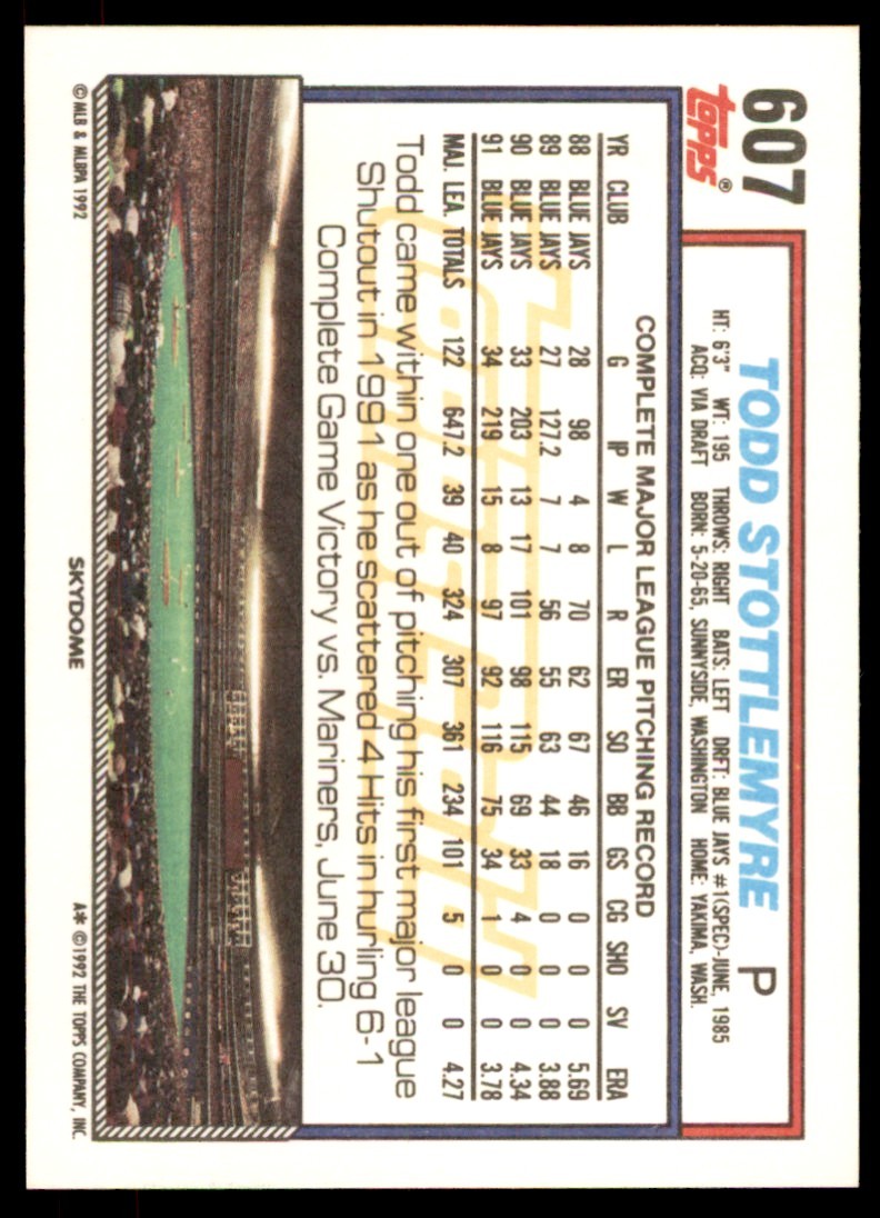 1992 Topps Gold Winners Todd Stottlemyre . Toronto Blue Jays #607