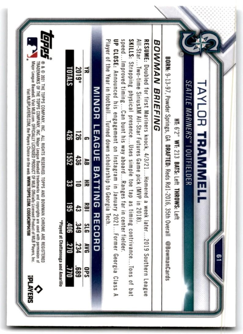 2021 Bowman Chrome. Taylor Trammell Rookie A Baseball Cards #61
