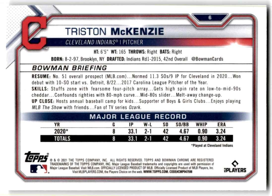 2021 Bowman Chrome. Triston McKenzie Rookie Baseball Cards #6