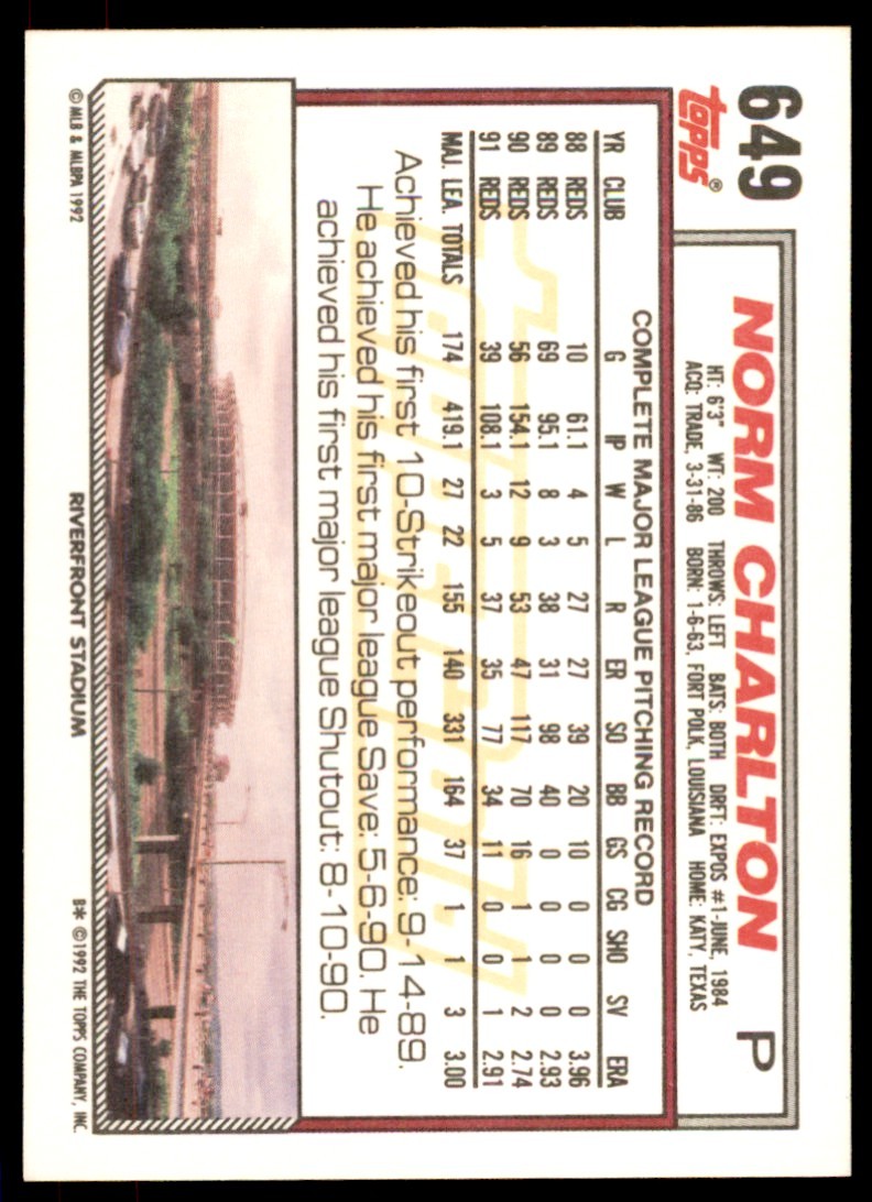 1992 Topps Gold Winners Norm Charlton . Cincinnati Reds #649