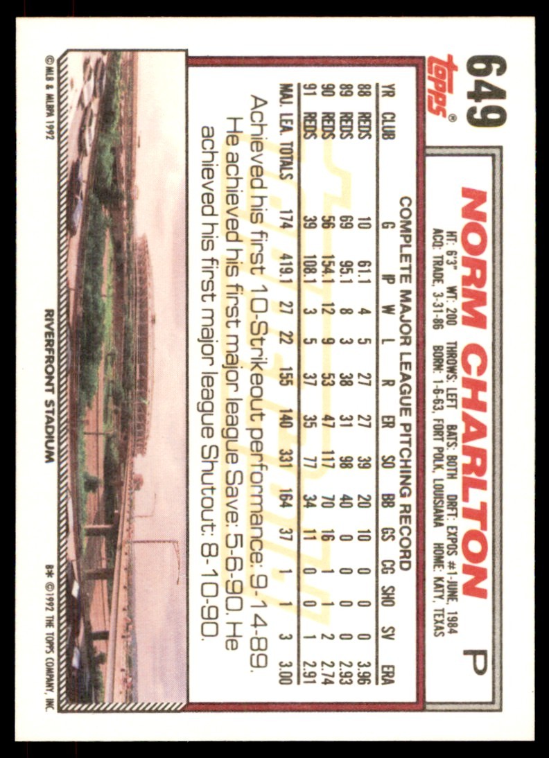1992 Topps Gold Winners. Norm Charlton . Cincinnati Reds #649