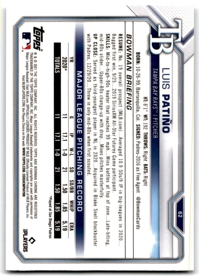 2021 Bowman Chrome. Luis Pati�o Rookie Baseball Cards #62