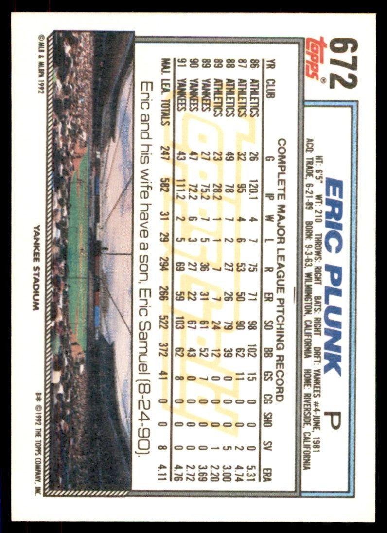 1992 Topps Gold Winners Eric Plunk . New York Yankees #672