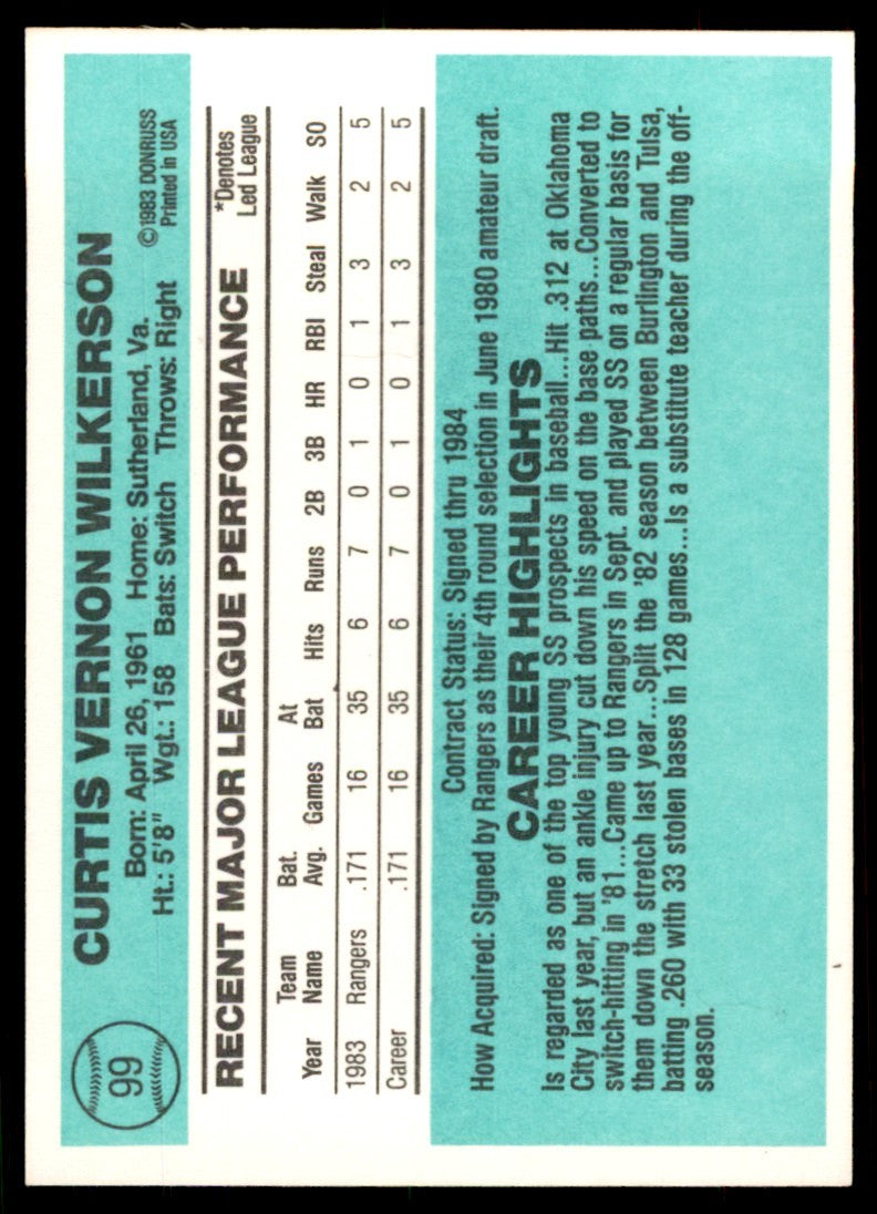 1984 Donruss Curt Wilkerson Rookie . Texas Rangers #99