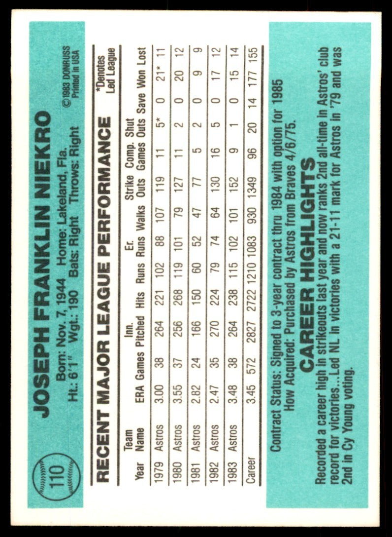 1984 Donruss Baseball Joe Niekro . Houston Astros #110