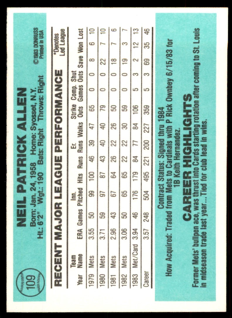 1984 Donruss Neil Allen . St. Louis Cardinals #109