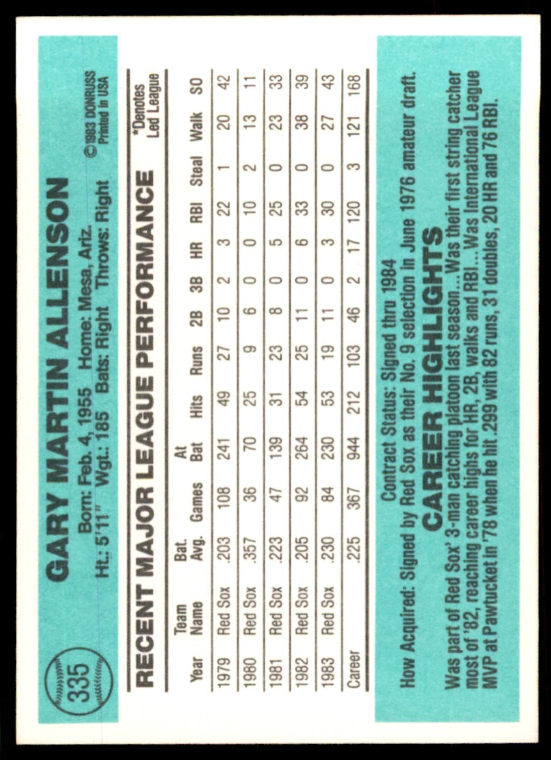 1984 Donruss.Baseball Gary Allenson . Boston Red Sox #335