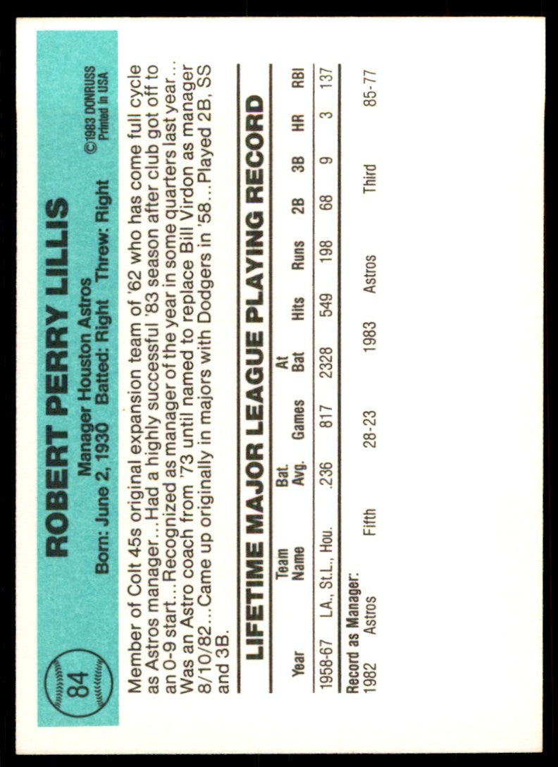 1984 Donruss Bob Lillis . Houston Astros #84