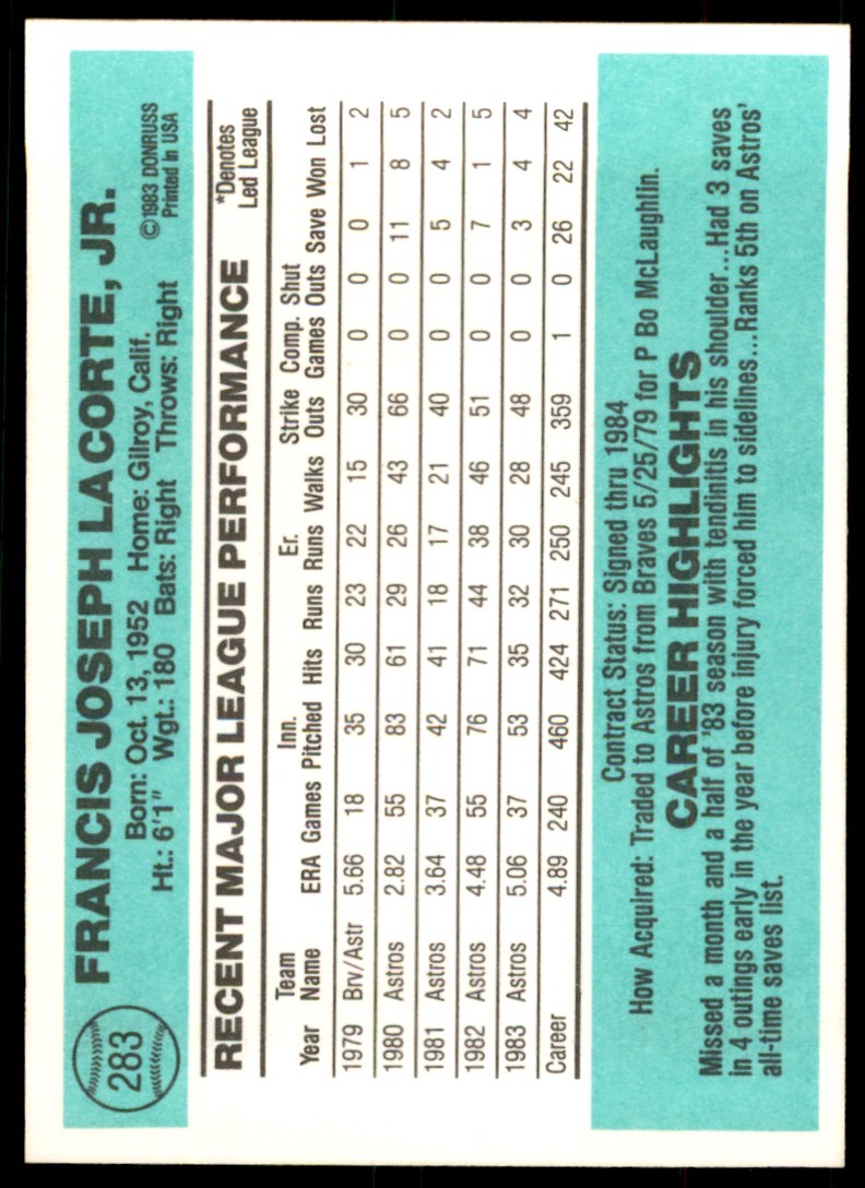 1984 Donruss. Frank LaCorte . Houston Astros #283