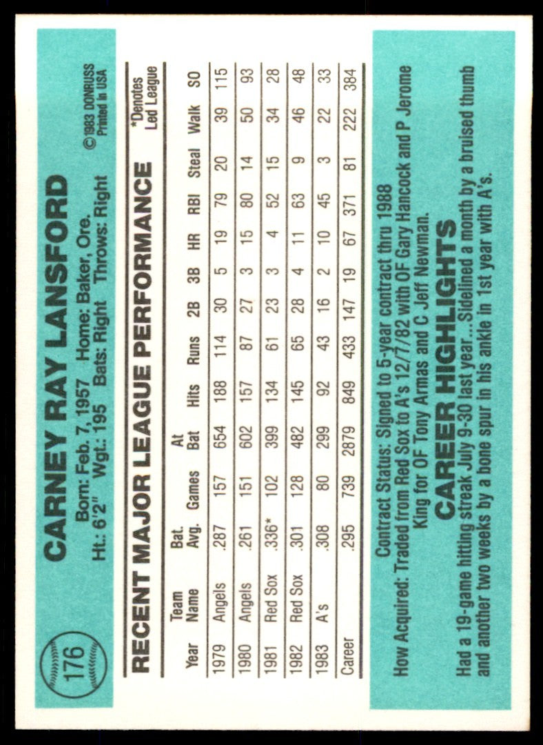 1984 Donruss. Carney Lansford . Oakland Athletics #176