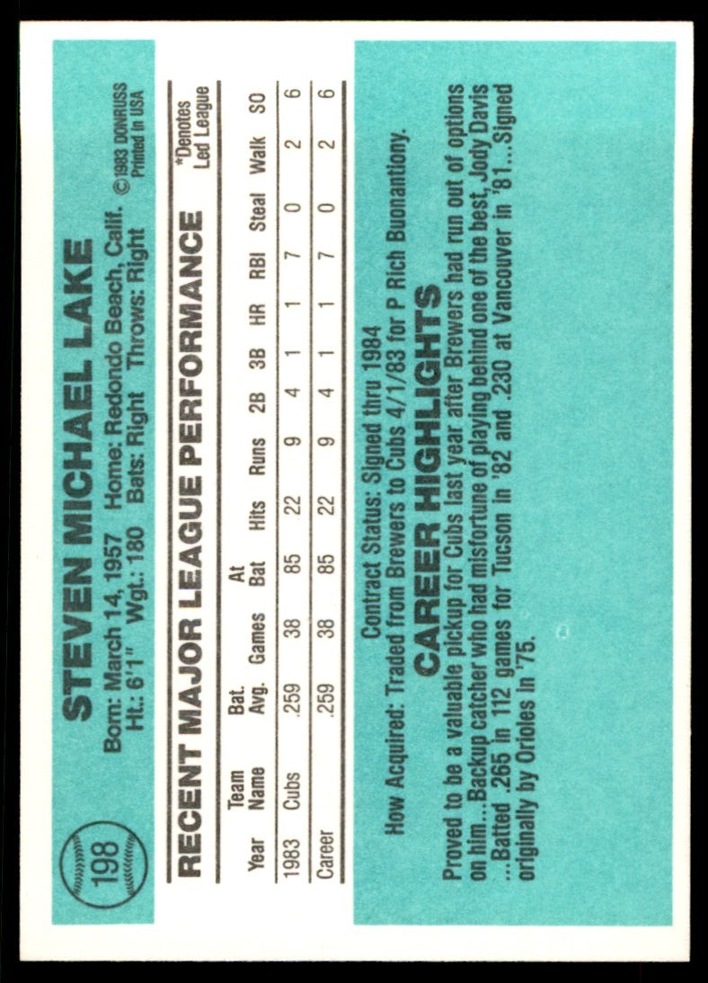 1984 Donruss. Steve Lake . Chicago Cubs #198