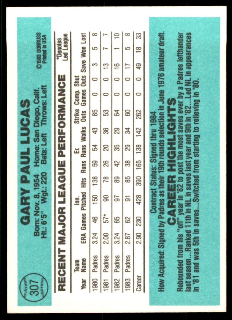 1984 Donruss. Gary Lucas . San Diego Padres #307