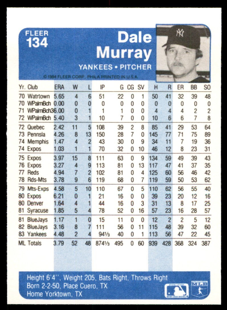 1984 Fleer Dale Murray . New York Yankees #134