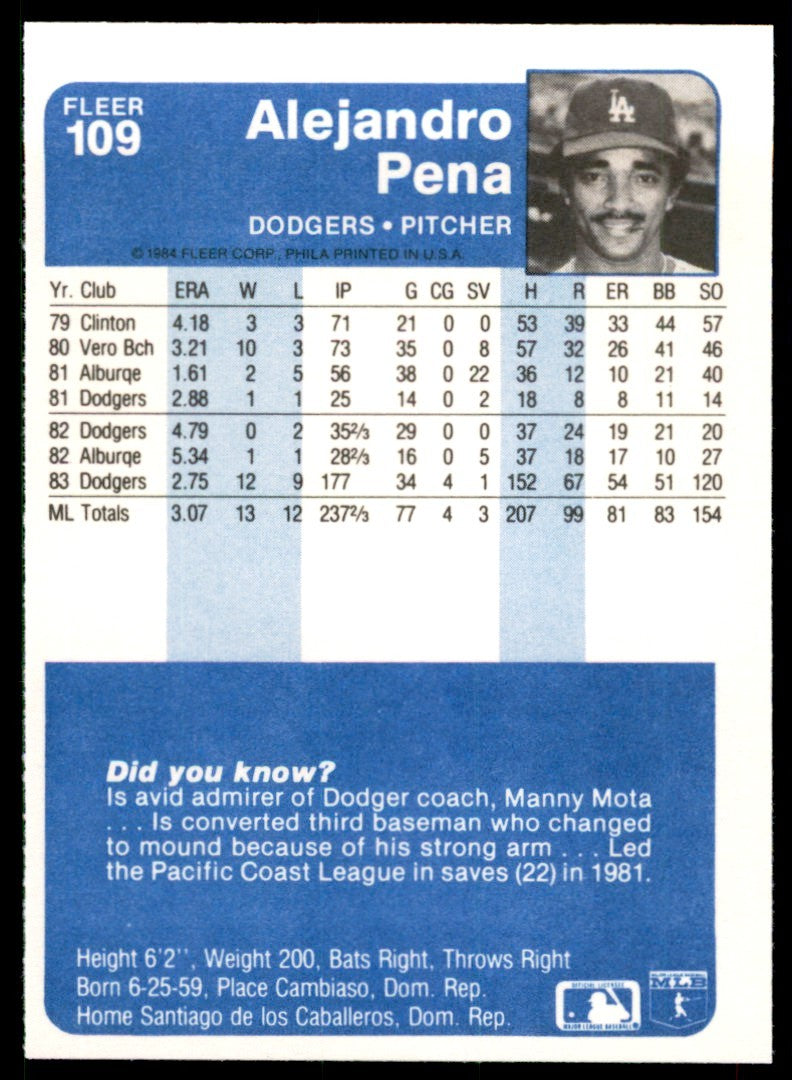 1984 Fleer Alejandro Pena Rookie . Los Angeles Dodgers #109