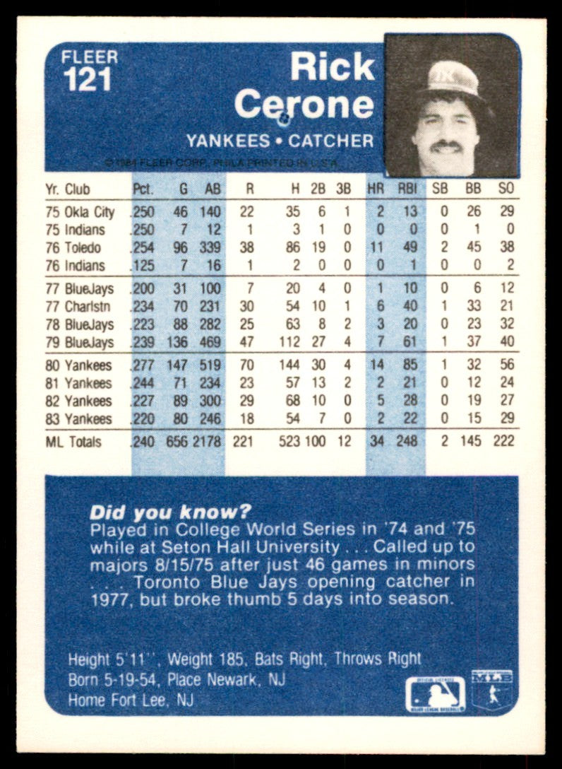 1984 Fleer Rick Cerone . New York Yankees #121