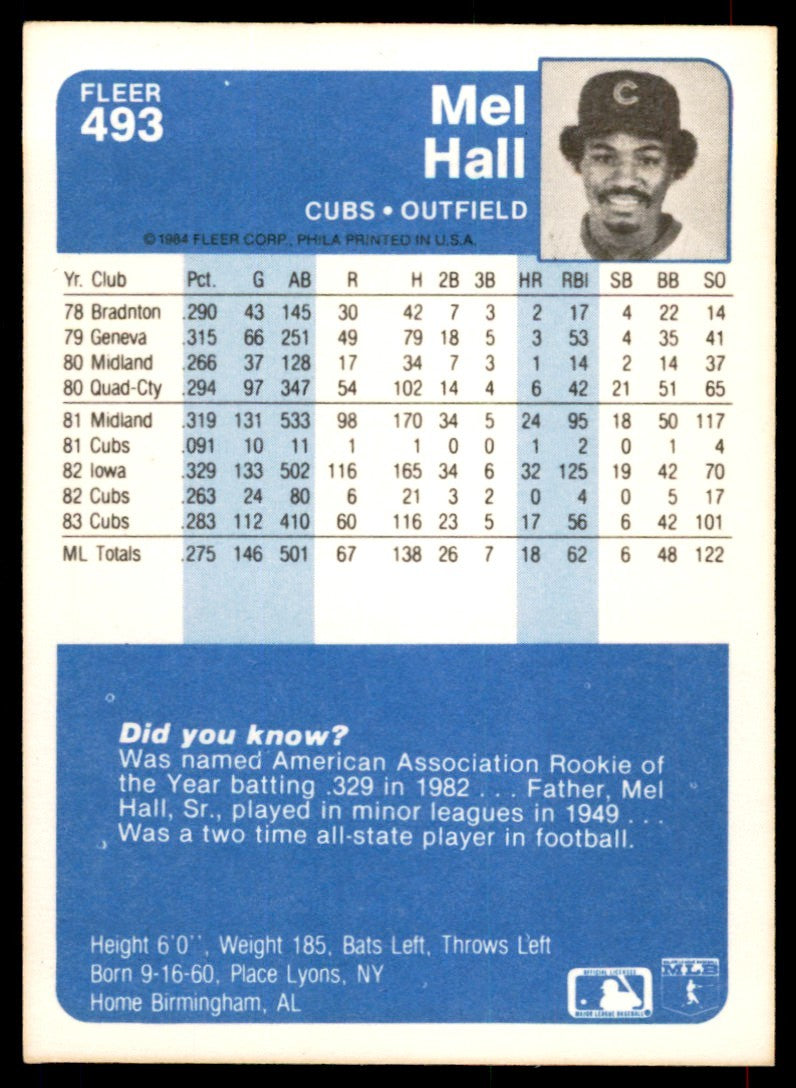 1984 Fleer. Mel Hall . Chicago Cubs #493