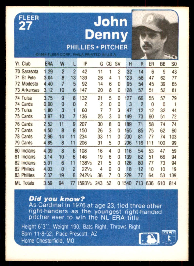 1984 Fleer John Denny . Philadelphia Phillies #27