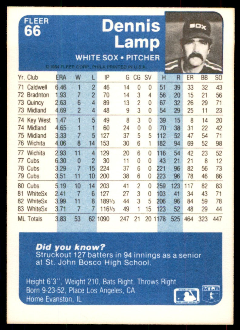1984 Fleer Dennis Lamp . Chicago White Sox #66