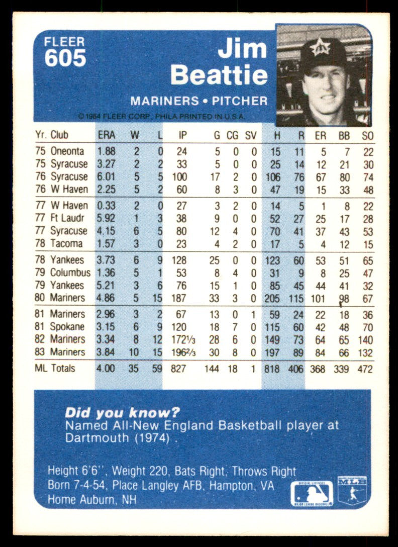 1984 Fleer Jim Beattie . Seattle Mariners #605