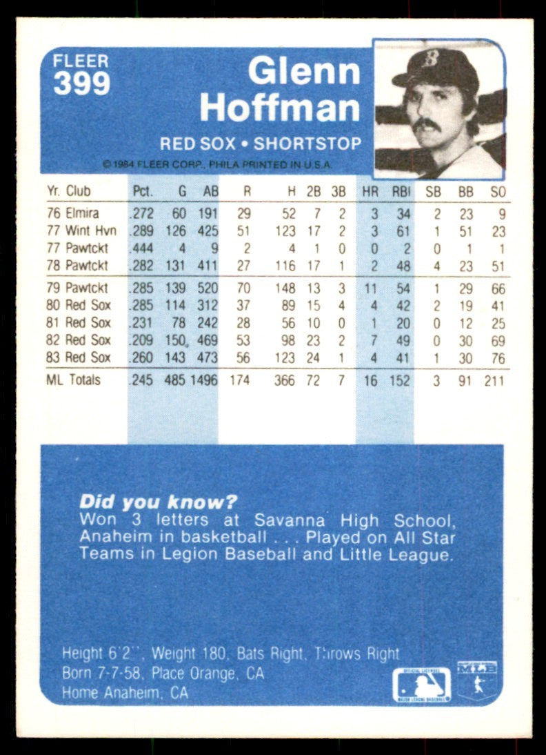 1984 Fleer Baseball Glenn Hoffman . Boston Red Sox #399