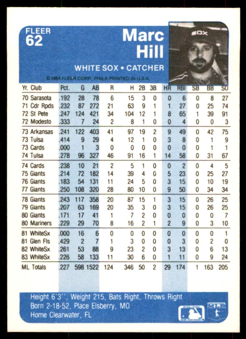 1984 Fleer Marc Hill . Chicago White Sox #62