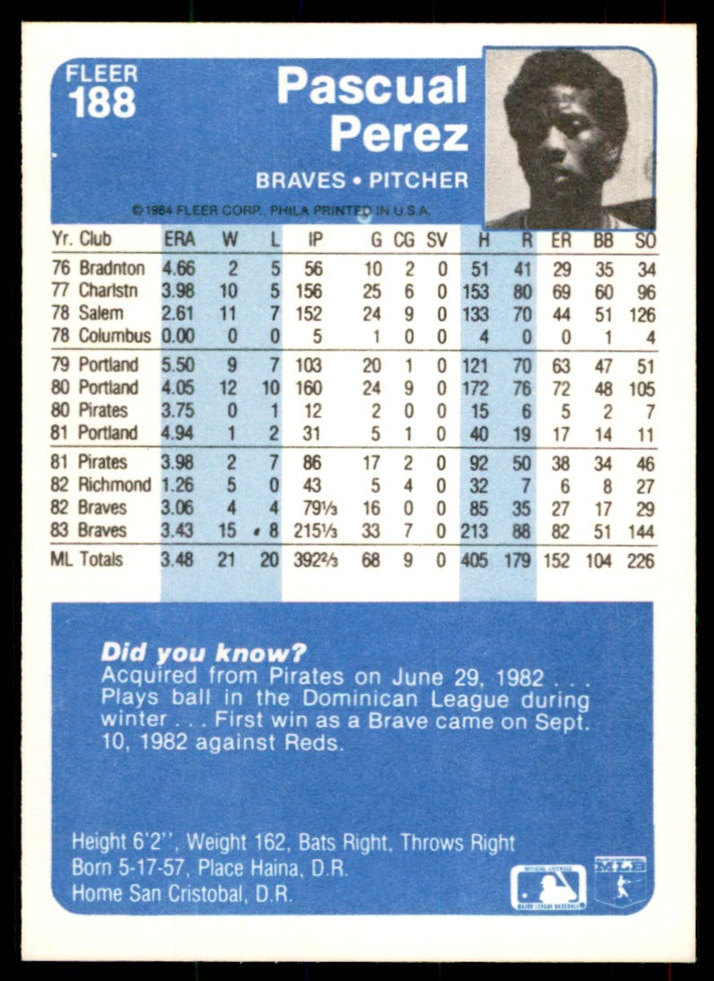 1984 Fleer Pascual Perez . Atlanta Braves #188