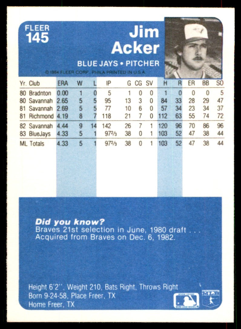 1984 Fleer MLB Jim Acker Rookie . Toronto Blue Jays #145