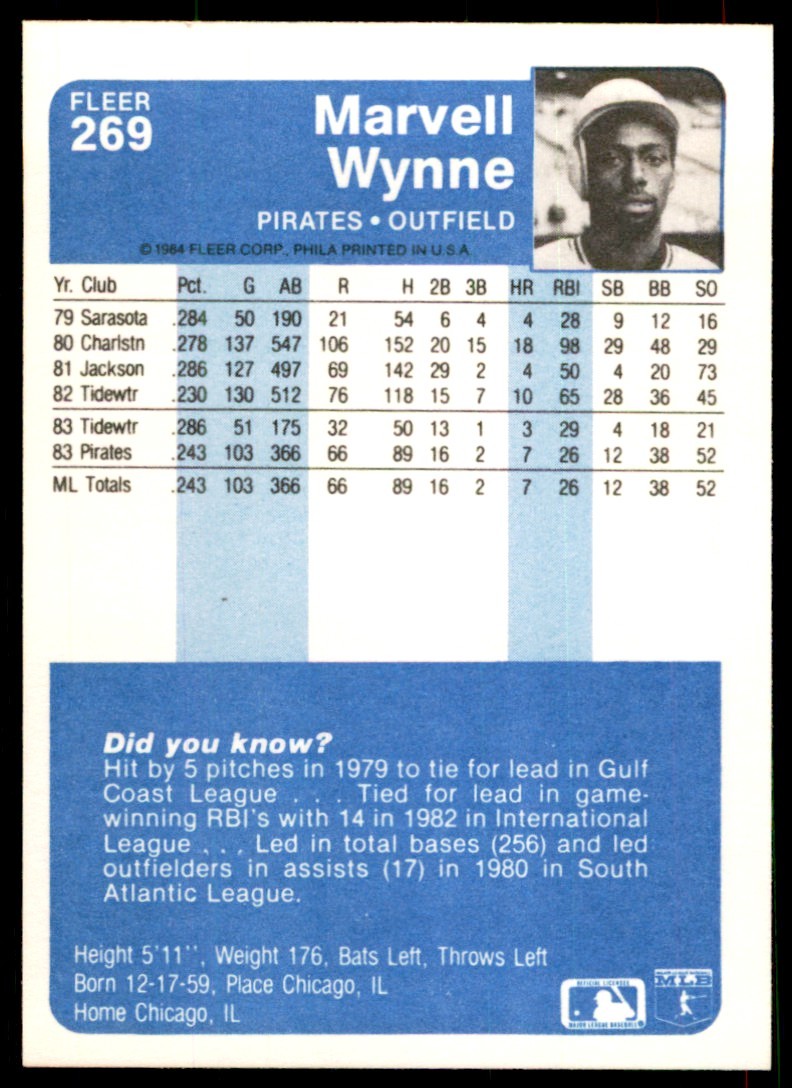 1984 Fleer Marvell Wynne Rookie . Pittsburgh Pirates #269