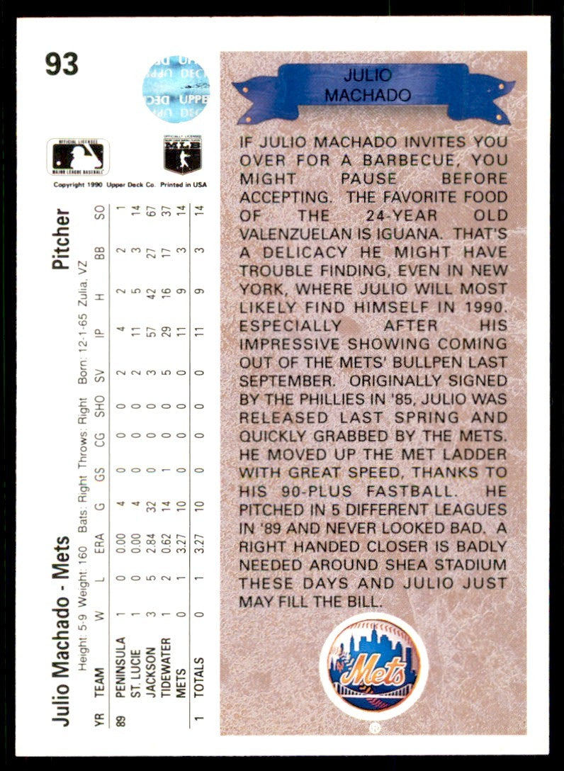1990 Upper Deck Julio Machado Rookie . New York Mets #93
