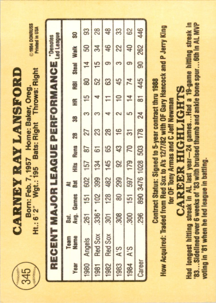 1985 Donruss Carney Lansford . Oakland Athletics #345