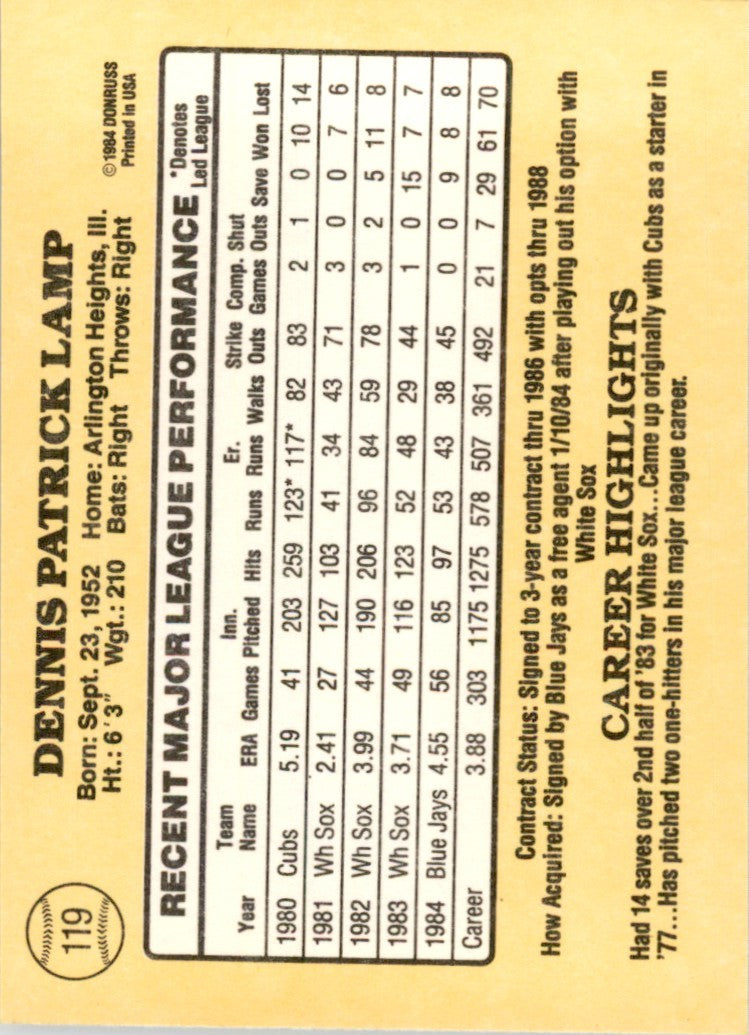 1985 Donruss . Dennis Lamp . Toronto Blue Jays #119
