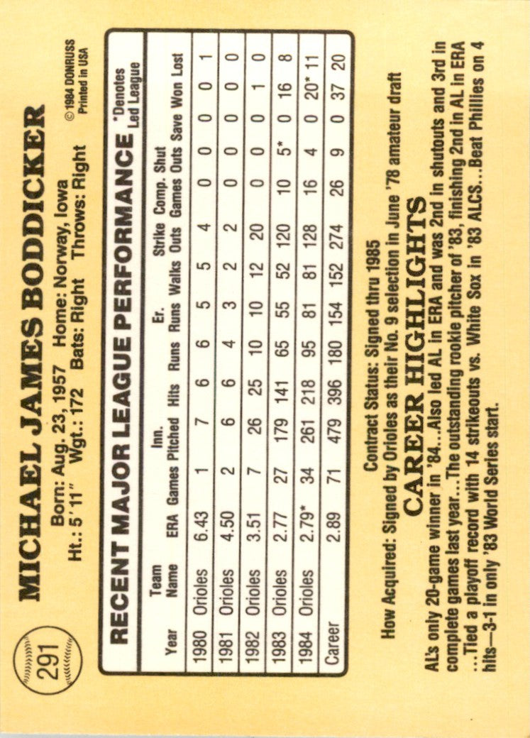 1985 Donruss Mike Boddicker . Baltimore Orioles #291