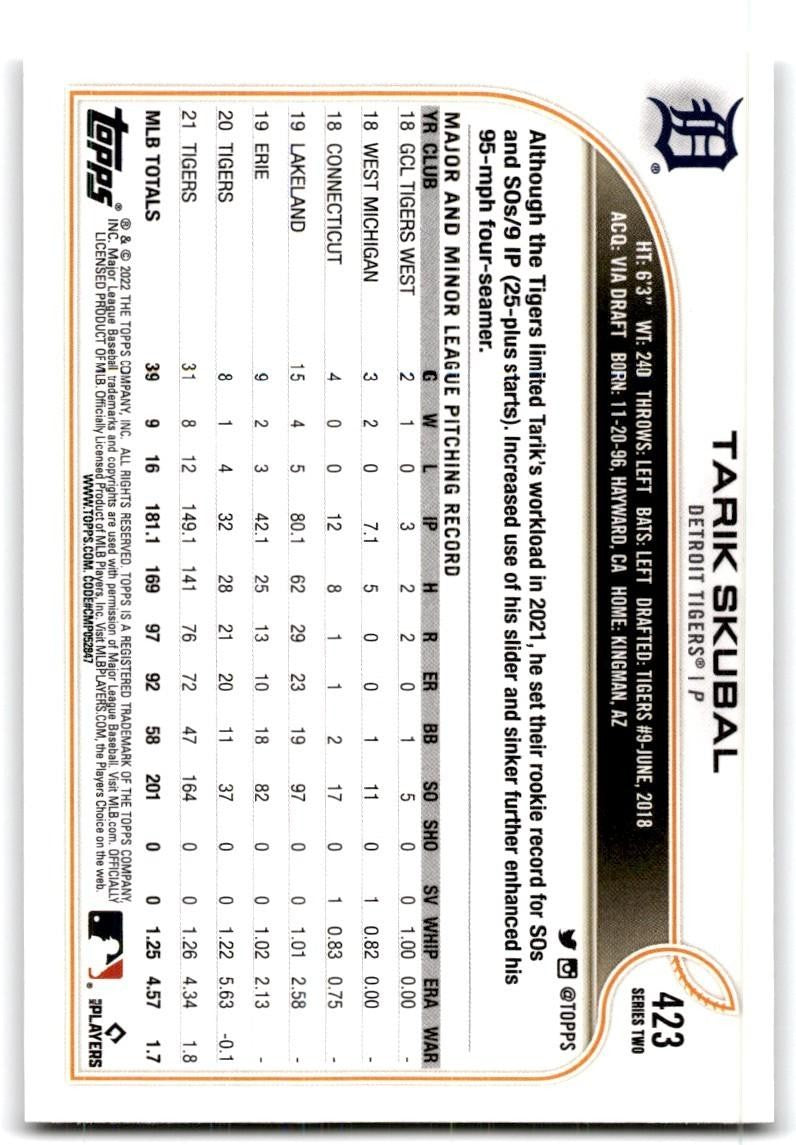 2022 Topps: Tarik Skubal Baseball Cards #423