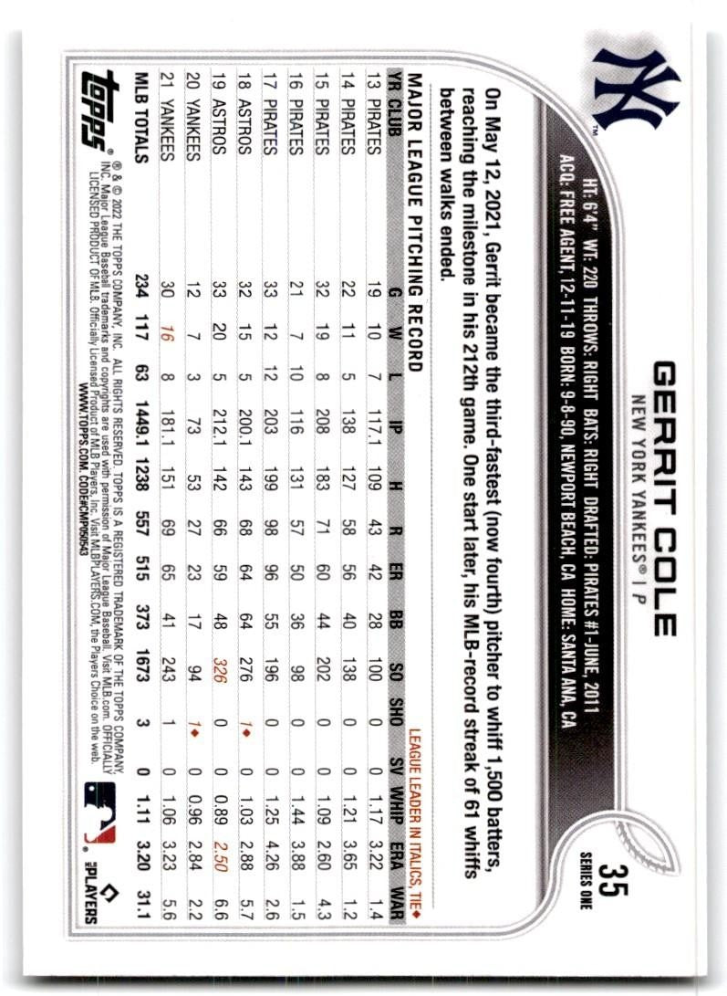 2022 Topps: Gerrit Cole Baseball Cards #35