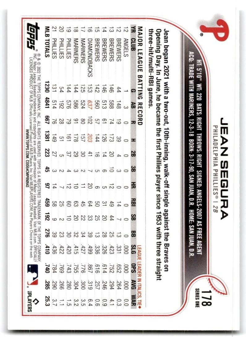 2022 Topps' Jean Segura Baseball Cards #178